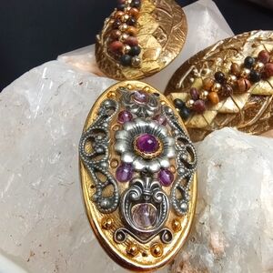 Michal Golan Brooch with Amethyst,  with Artistic Papier Mache Clip Earrings